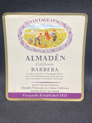 1974 Almaden California Barbera Wine Label Los Gatos Ca BA