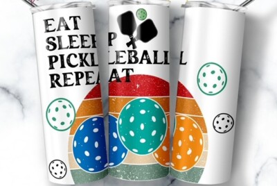 NEW! EAT SLEEP PICKLEBALL REPEAT 20 OZ STAINLESS STEEL TUMBLER CUP + LID & STRAW