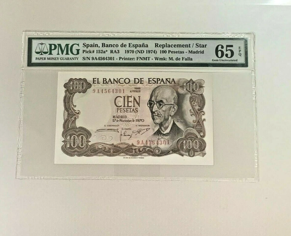 1970 Spain 100 Pesetas P-152a* "REPLACEMENT/STAR" PMG 65 EPQ Pair - Image 4 of 4