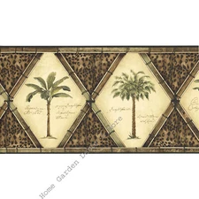 Tropical Tuscany Palm Tree Leopard Diamond Bamboo Frame Wallpaper Border 9"H