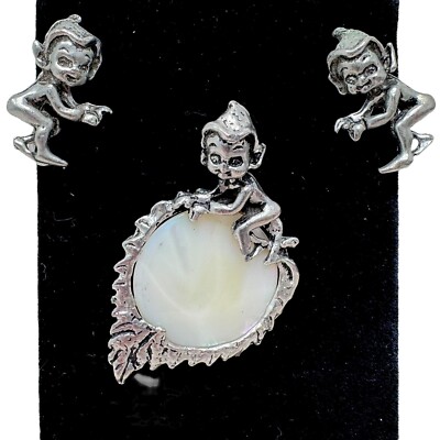 Vintage Elf Pixie On Mother Of Pearl Lily Pad Brooch Earrings
