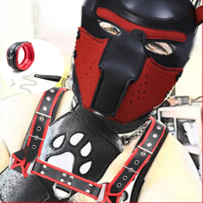4pcs Male Puppy Dog Hood Mask PU Leather Chest Harness Tail Plug Collar Roleplay