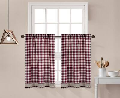 2 Piece Buffalo Check Plaid Gingham Crochet Trim Window Curtain Tier Panel Set