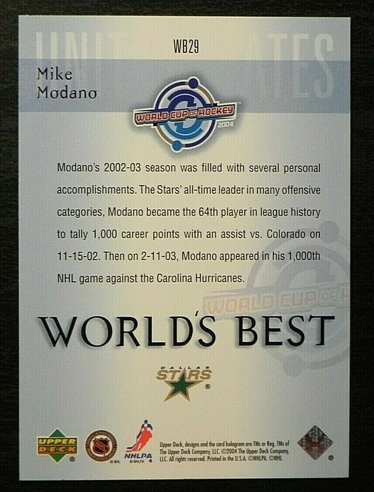 2004-05 04/05 Upper Deck World's Best WB29 Mike Modano Dallas Stars - Image 2 of 2