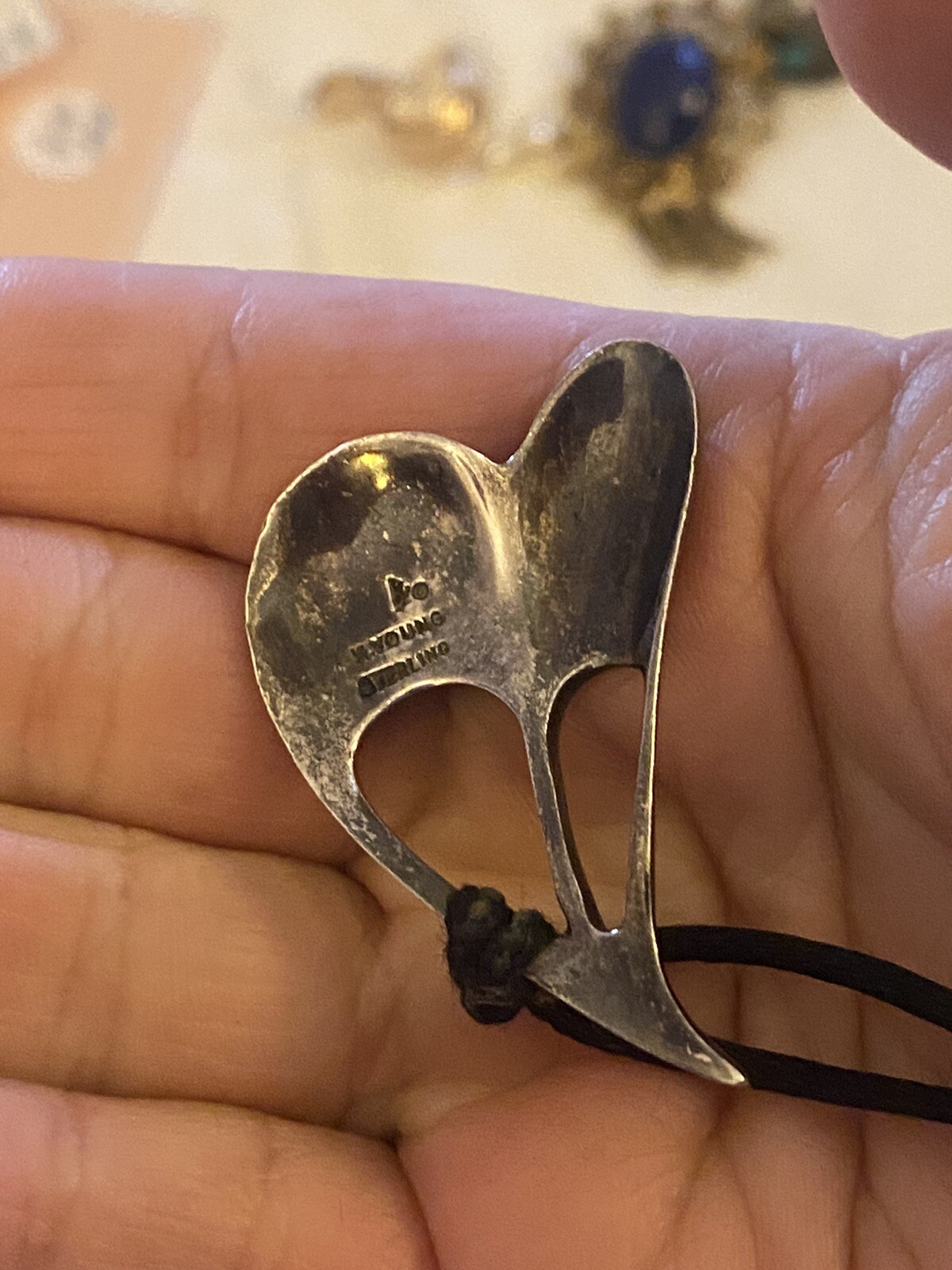 Modernist Sterling Silver Open Heart Pendant Necklace On Black Silk Cord K Young image 5
