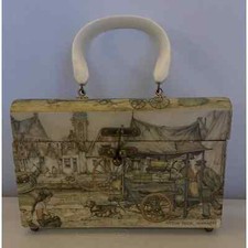 Vintage Decoupage Wooden Purse Anton Pieck W/ Bone Color Lucite Handle