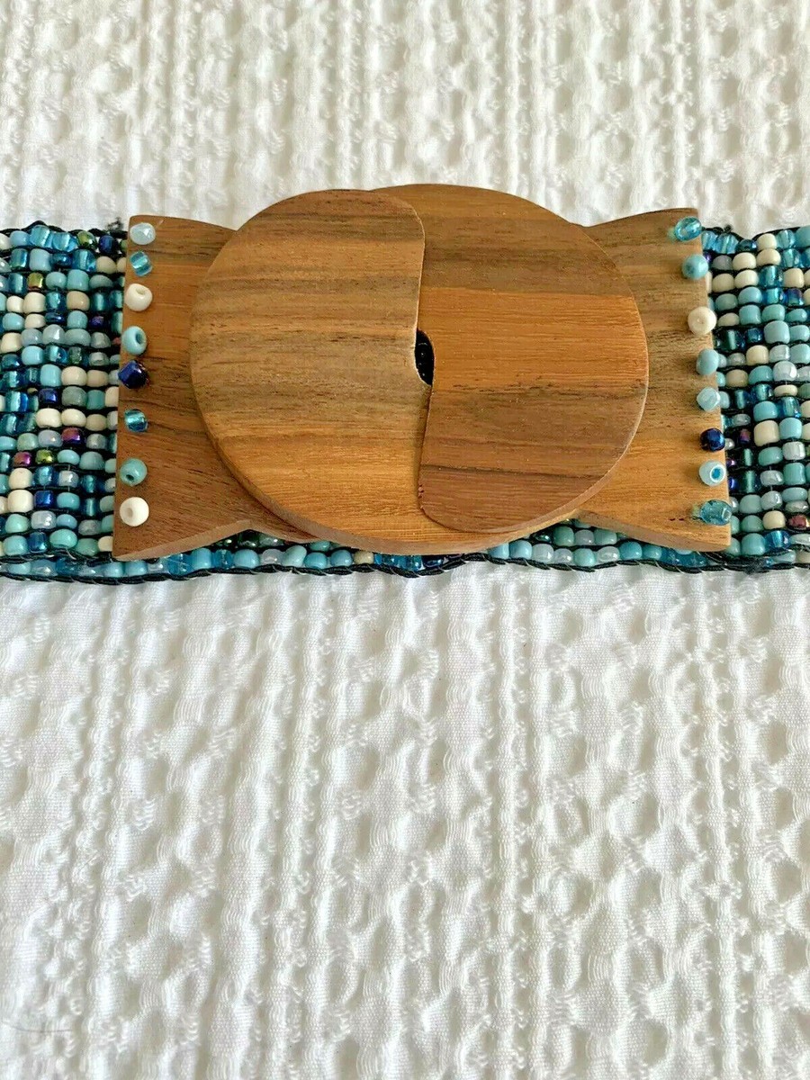 Turquoise Beaded Stretch Belt Wooden Interlocking Buckle  display picture 3