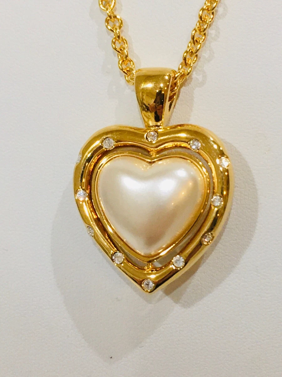 Signed Joan Rivers 4 Way Reversible Pearl 2 Tone Heart Necklace 32 Chain VTG