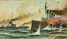 HMS Good Hope in Flames Royal Navy Vintage Postcard WWI Era Rare Art