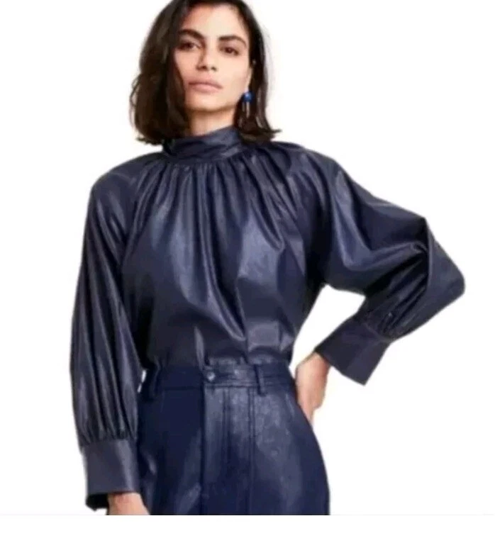 Blusa Rachel Comey Talla Grande Imitación Cuero Botón Lazo Trasero Top Mujer Azul Marino Foto 2 de 4