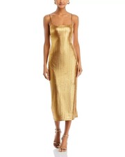 AQUA x Venus Williams Metallic Rib Slip Dress Women's S Gold Side Zip Closure