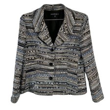 Lafayette 148 New York Blazer Womens 12 Blue Black Tweed Boucle Lined 3 Button