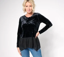 LOGO by Lori Goldstein Crushed Velvet Top w/Chiffon Hem Black L New