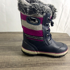 Girls Snow Boots Size 13 Navy Pink Gray Striped Faux Fur Lace-Up Mid-Calf