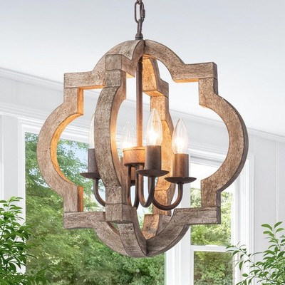 16'' Farmhouse Chandelier Orb Distressed Wood Oak Dining Room Light Fixture