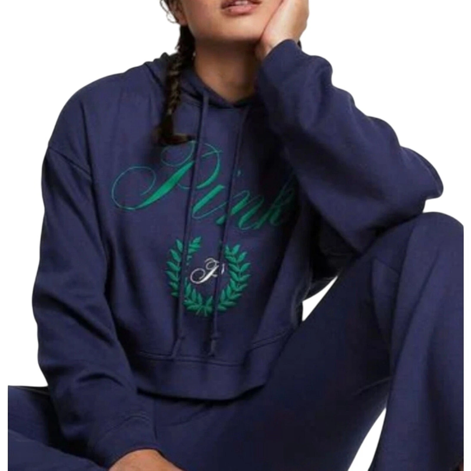 UNDERCOVER Felpa donna rosa Victoria’s Secret cropped con cappuccio taglia XL pile blu navy mezzanotte