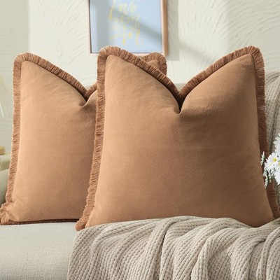 Pillow Covers 26x26 Set of 2 Camel Throw Pillow Covers with Fringe Chic Cotto...