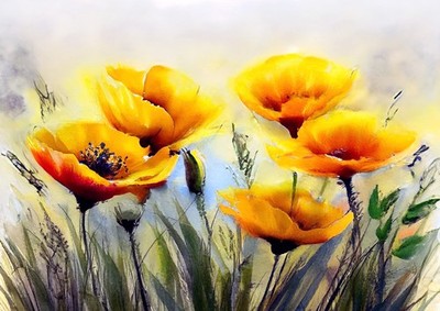 Lebendiger gelber Mohnblumen Blumen Kunstdruck - 5x7 mattes Papier impressionistische Malerei