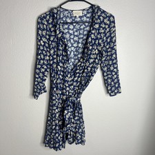 Sezane Women’s Dress Size 36 Long Sleeve Mini Wrap Blue Floral EUC