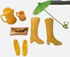 Vintage Barbie Doll YELLOW Boots, Heels, Purse, Green Umbrella Accessories Set