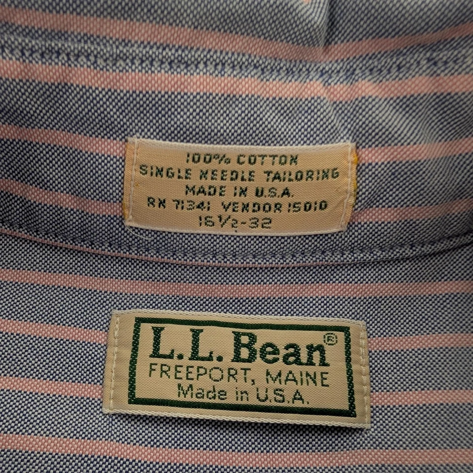 Vintage LL Bean Shirt Mens Medium Blue Pink Stripe Button Down Made USA 80s - Image 3 of 4