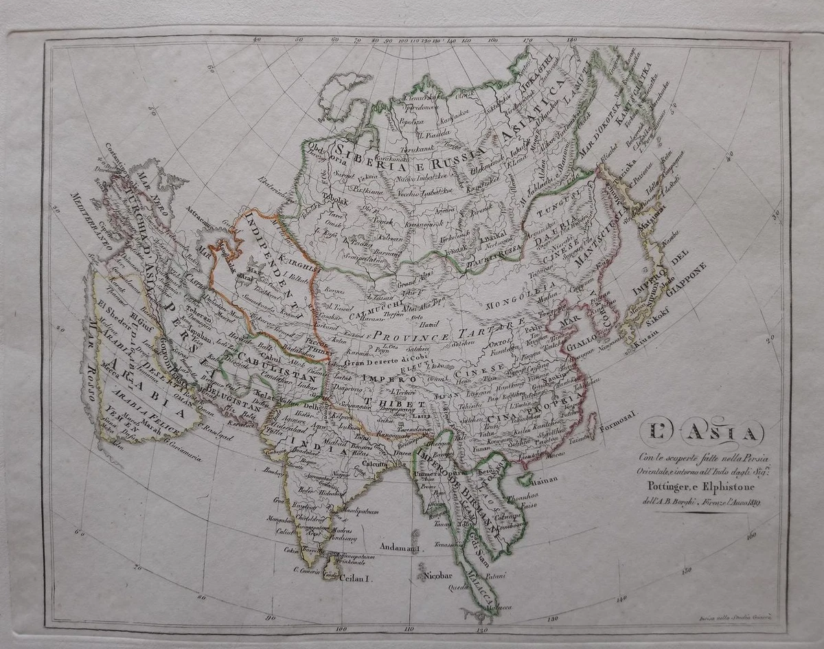 1819 Bartolomeo Borghi Mappa Geografica Carta L'Asia Cina India Japan Russia Map | eBay