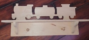 Wooden Train Themed Wall Shelf w/ Pegs Brown Cute Kid's Bedroom Playroom Decor