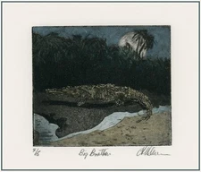 Adult Alligator/Crocodile? Under Nighttime Moon. Original Colored ETCHING Signed