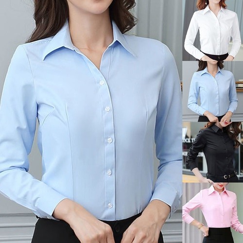 Ladies' Business Button Solid Work Tops Long Sleeve Blouse Office Lady - Picture 4 of 22