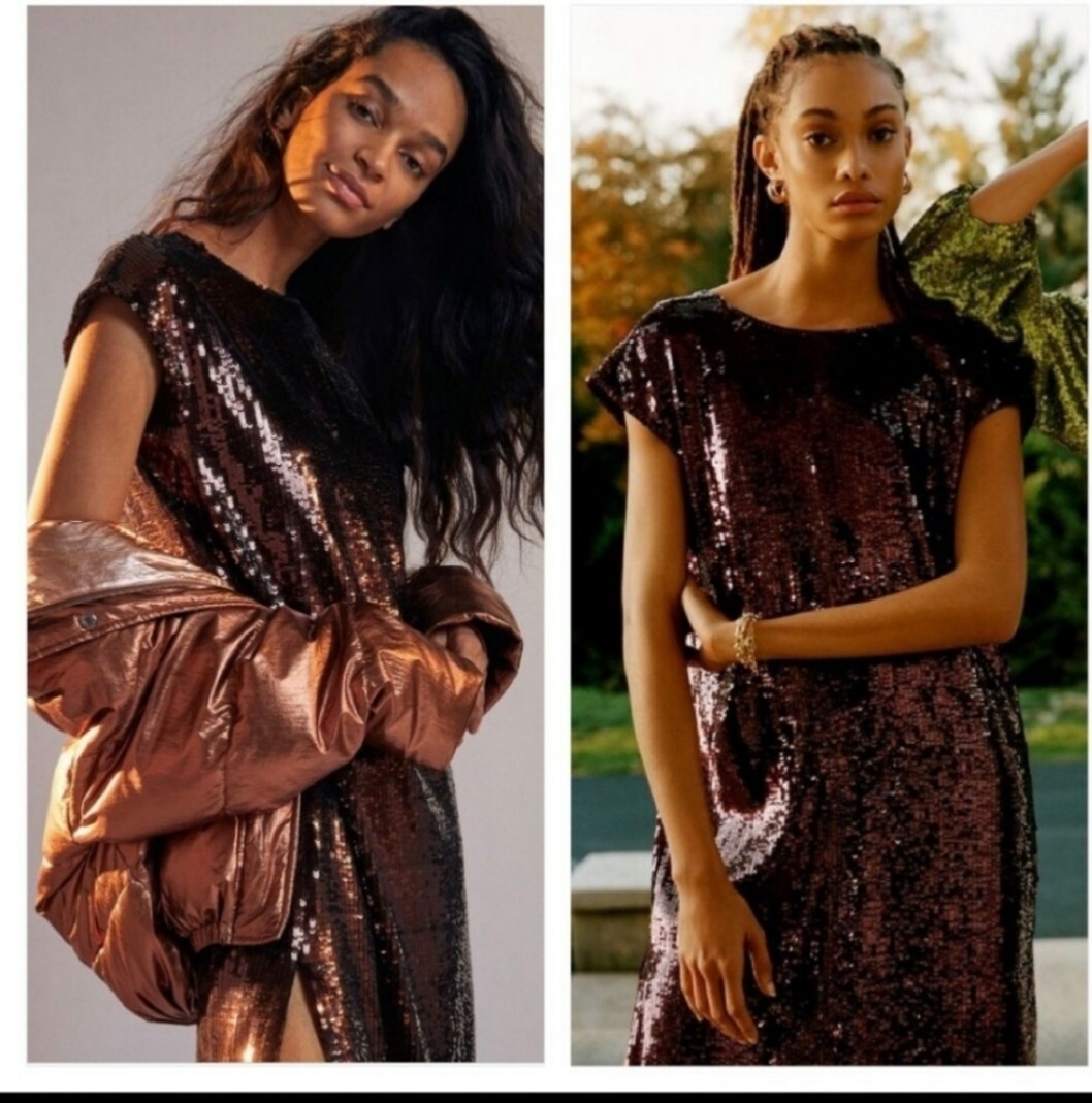 New Anthropologie Maeve Kara Sequined Brown MIDI Dress . Small 4 HOLIDAY  Fall