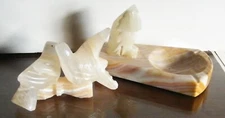 Lot of 2 Small Carved Onyx Pieces Love Birds and Owl Ashtray Trinket