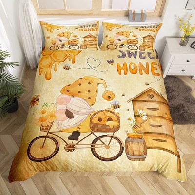 Honey Bee Gnome Bedding Set Queen,Retro Wooden Queen(No Comforter), Multi 32 