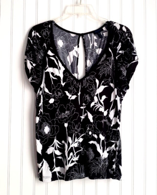 Escada Sport Pullover Top Women's M Black/White Floral Keyhole Back Cap Sleeves