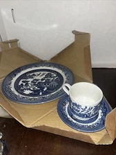 Churchill England Blue Willow 3 Piece Set 10" Dinner Plate Cup & Saucer NIB