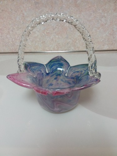 Murano mundgeblasen Kunstglas mehrfarbig 7" Blumenform Korb mit Griff - Bild 2 von 11