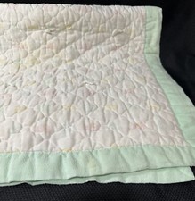 Vintage Handmade Baby Blanket Yarn Tied Pastel Green And White Boy Girl 42  x36  