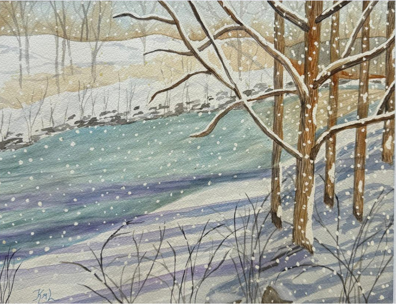 PAINTING WATERCOLOR LANDSCAPE TREES WINTER STREAM FOREST 11X14 DOUBLE MAT 16X20