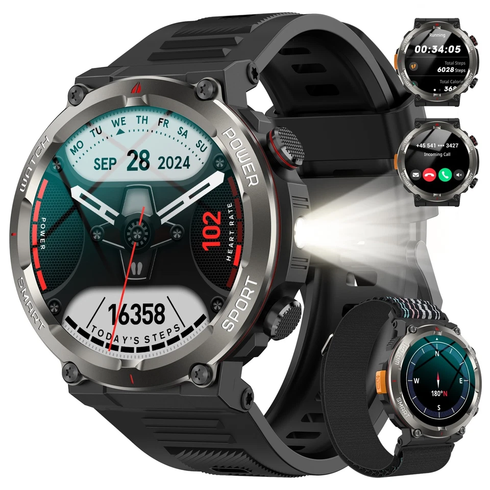 Militär Smartwatch Herren 960MAH mit Telefonfunktion Kompass Uhr für Android iO - Bild 2 von 4