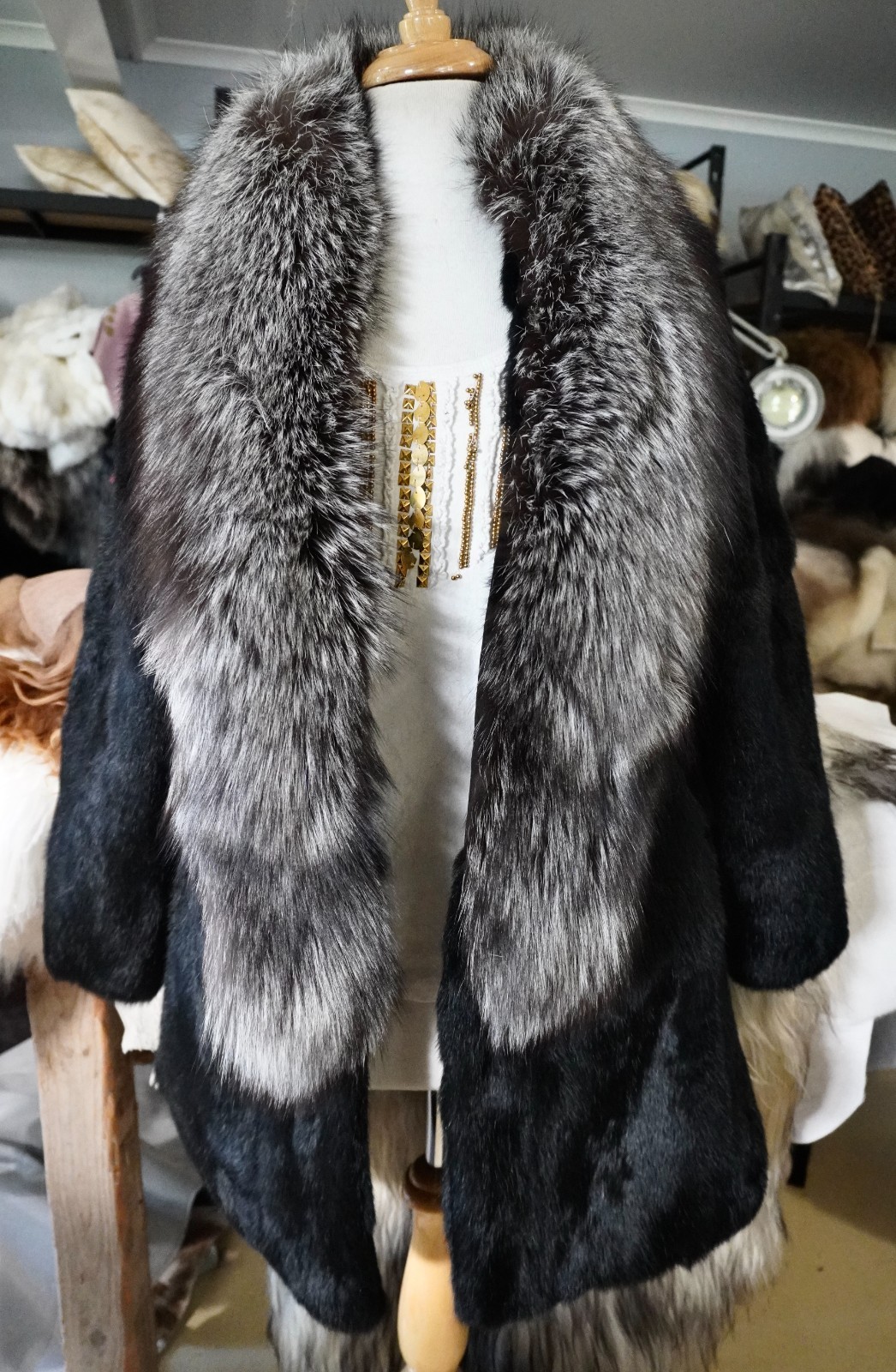 Black Beautiful & Timeless - A  Silver Fox Fur Trimmed Black Rabbit Fur Coat image 2