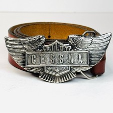 Vintage 1976 Pilot Cessna Aviator Wings Belt Buckle Handcrafted Leather Belt