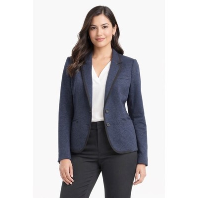 Ann Taylor LOFT Navy Blue Herringbone Knit Blazer Jacket S Preppy Career 65-20