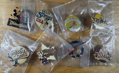 Vintage 1985 Disneyland 30th Anniversary Lands Complete 8 Pin Set Sealed Rare