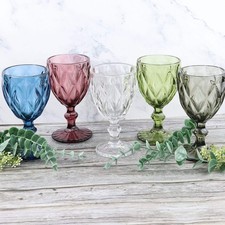 Set of 5 Coloured Wine Glass Goblets Diamond Pattern Vintage Style