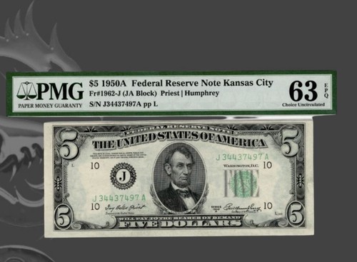 $5 1950A Federal Reserve Note Kansas City Fr#1962-J (JA Block) CU63 EPQ PMG - Picture 3 of 4