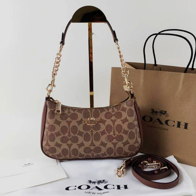#ad NWT Coach CV933 Teri Shoulder Bag In Signature Canvas Brown Outlet Free Shipping $99.98