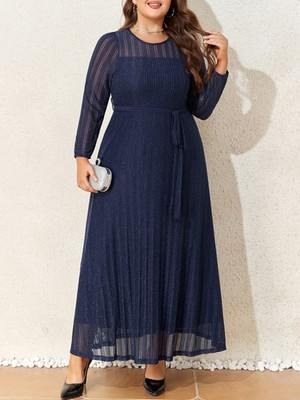 Women Plus Szie Mesh Dress Ladies Round Neck A-Line Solid Long Sleeve Maxi Dress