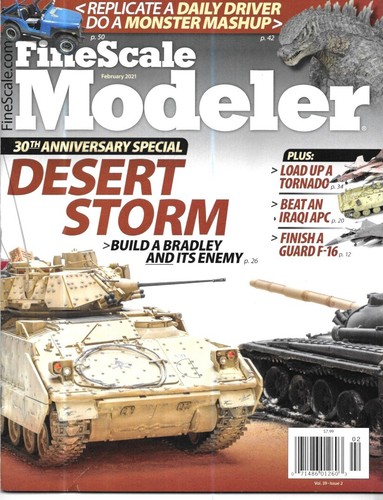 Fine Scale Modeler Feb.2021 Desert Storm Bradley Tornado Iraqi APC Jeep Godzilla - Afbeelding 1 van 12