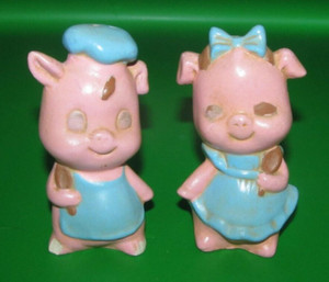 Vintage Set of Pink Blue Pig Salt & Pepper Shaker Set Japan Boy & Girl Piggy