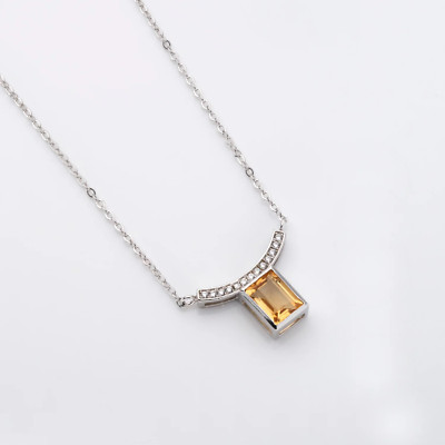 Natural Citrine Gemstone & Moissanite 14k White Gold Plated Silver 925 Necklace