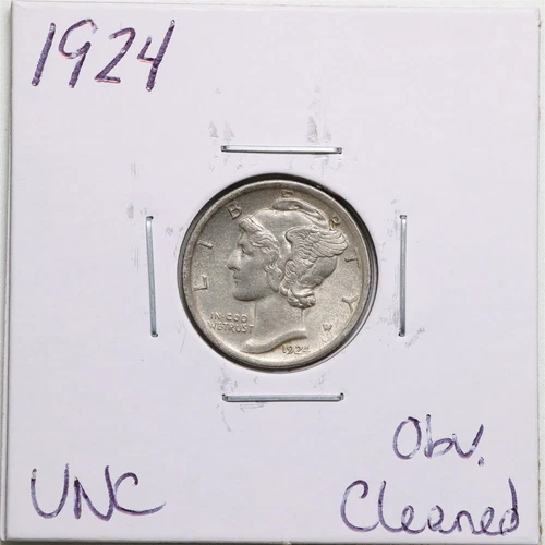 1924 10C Mercury Winged Liberty Dime with UNC Detail Obverse Cleaned #4538
